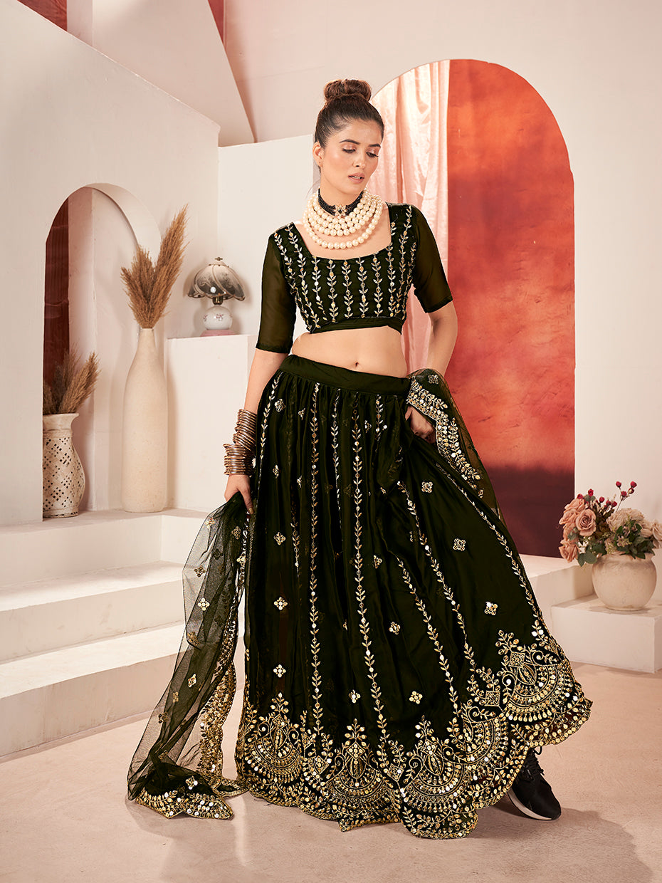 Black Gold Embroidered Wedding Silk Lehenga Choli