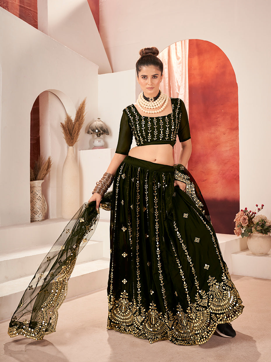 Black Gold Embroidered Wedding Silk Lehenga Choli