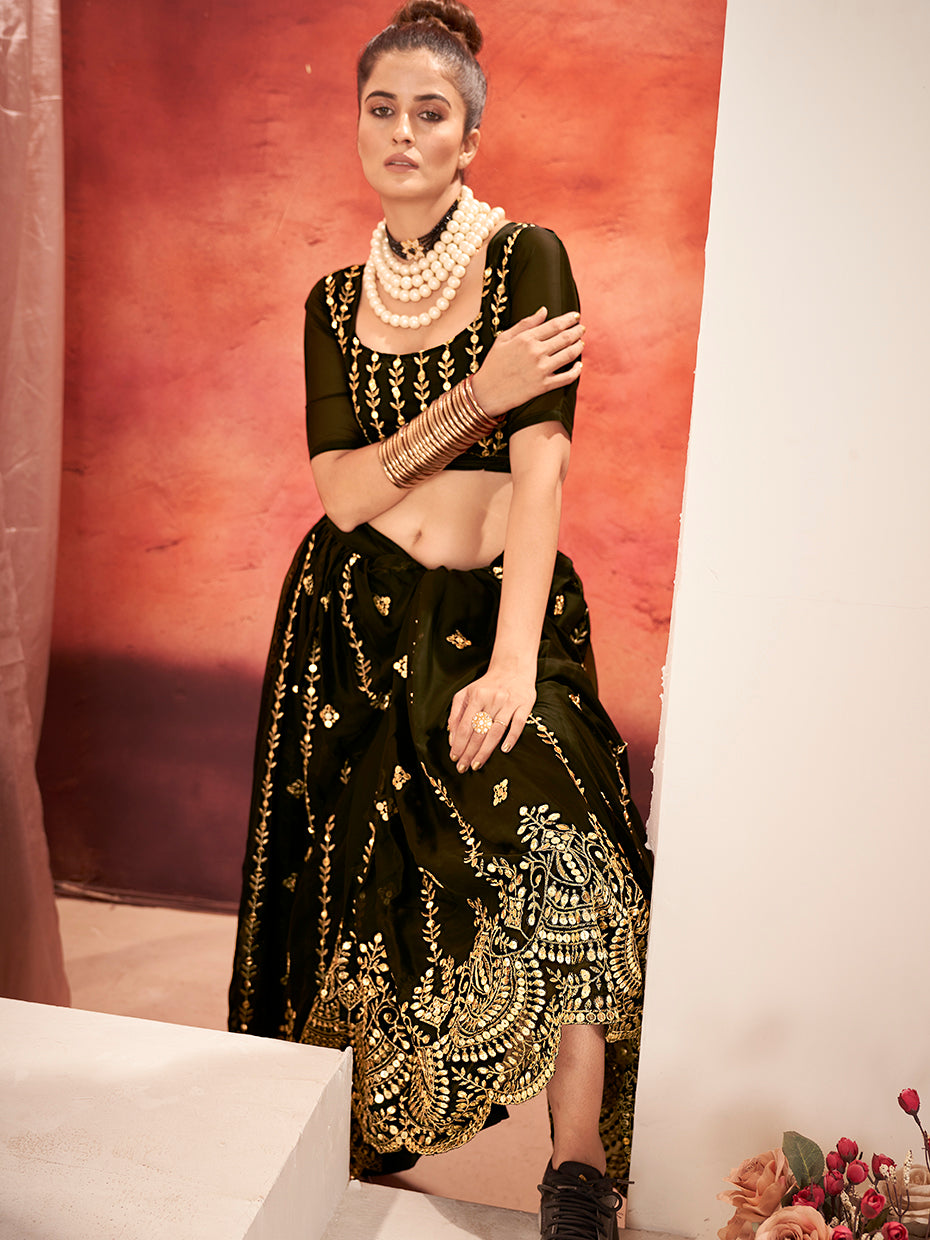 Black Gold Embroidered Wedding Silk Lehenga Choli