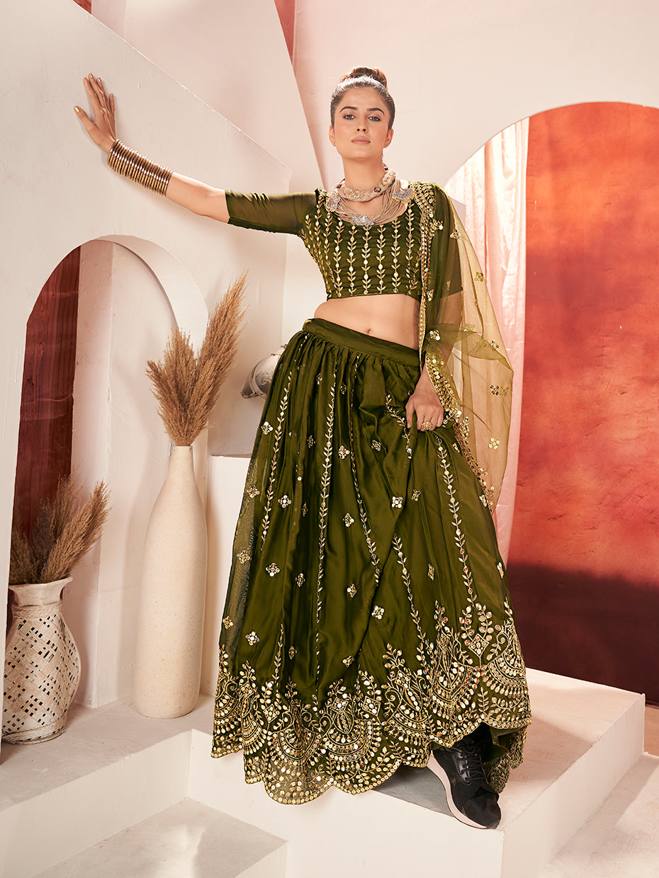 Olive Green Gold Embroidered Wedding Silk Lehenga Choli