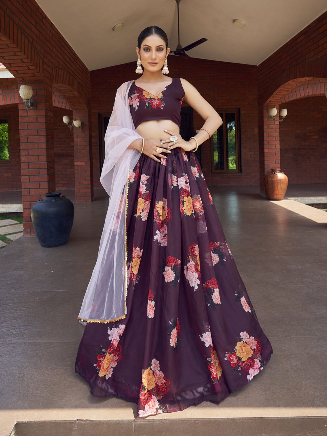 Dark Purple Printed Semi-Stitched Lehenga Choli With Dupatta