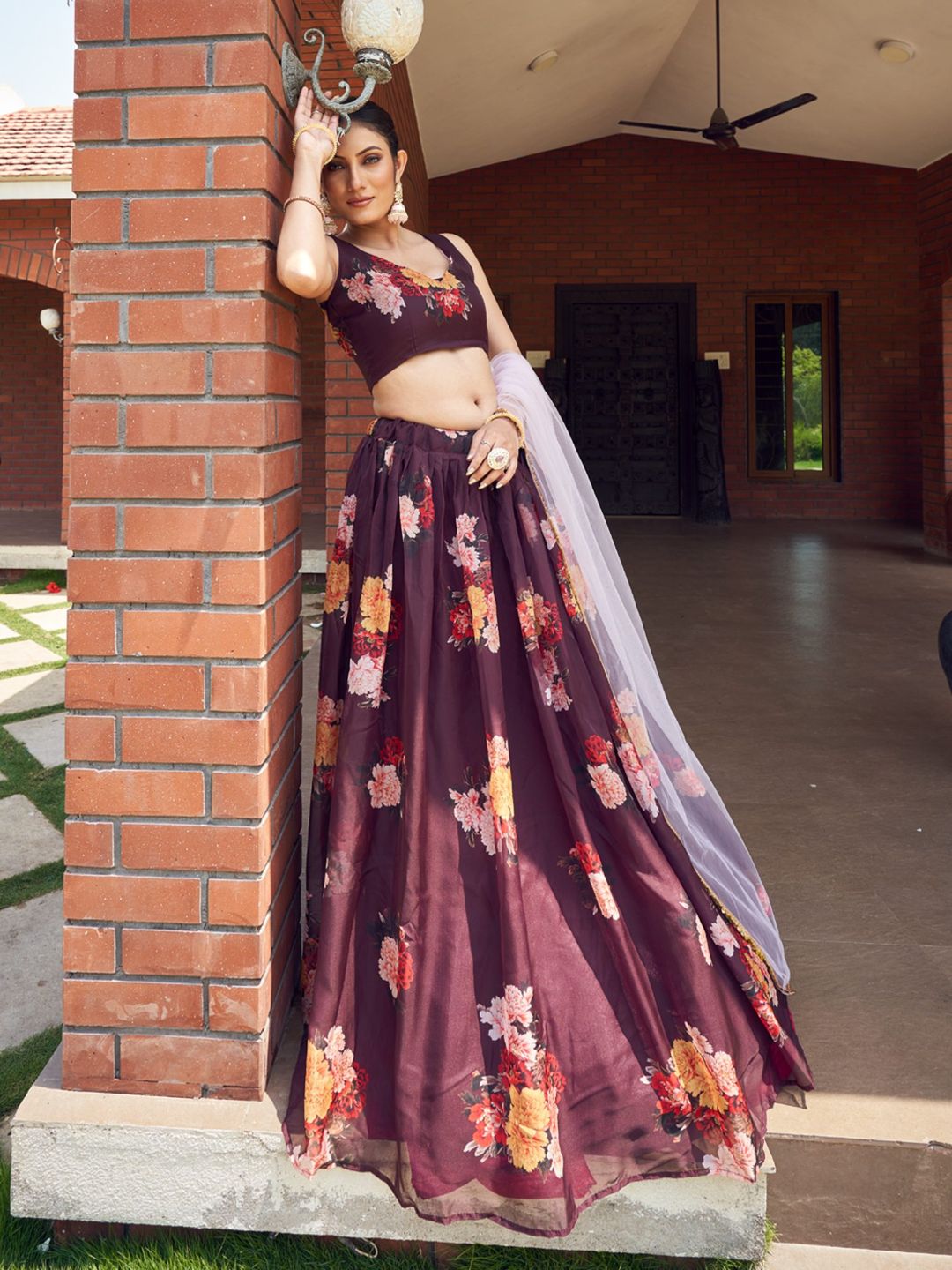 Dark Purple Printed Semi-Stitched Lehenga Choli With Dupatta