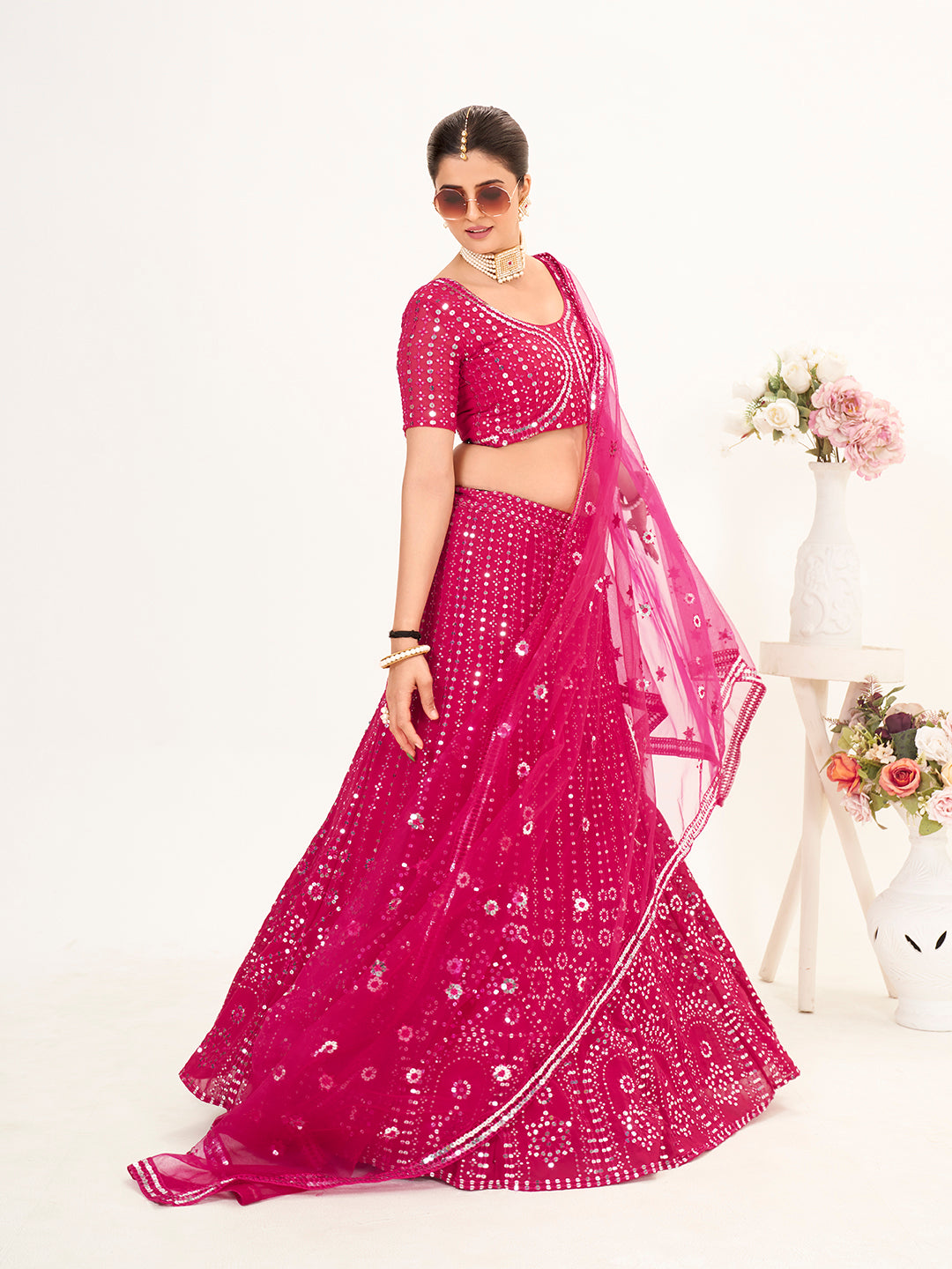 Rani Pink Georgette Embroidered Wedding Lehenga Choli