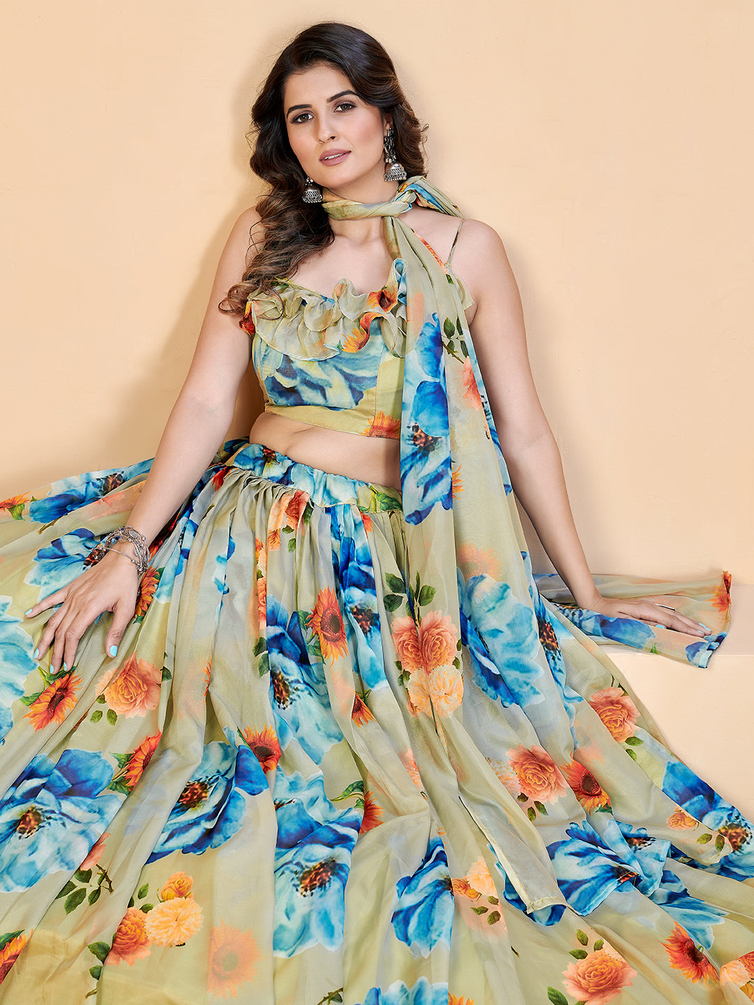 Vigorous Sea Green and Blue Printed Lehenga and Blouse With Dupatta