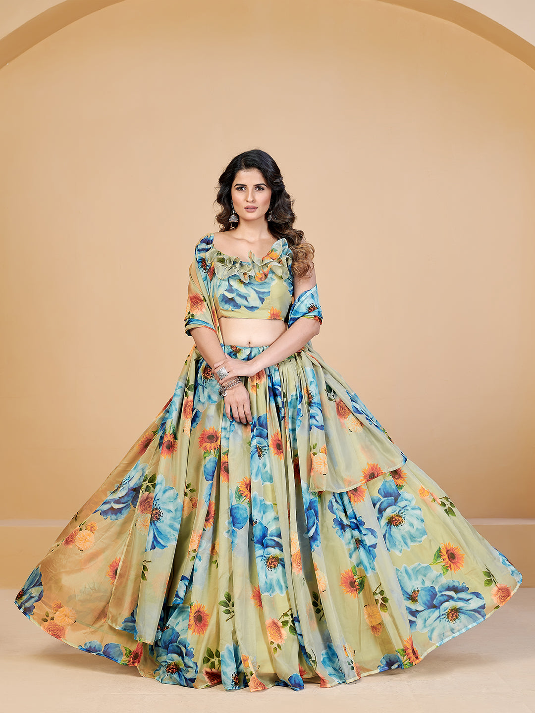 Vigorous Sea Green and Blue Printed Lehenga and Blouse With Dupatta