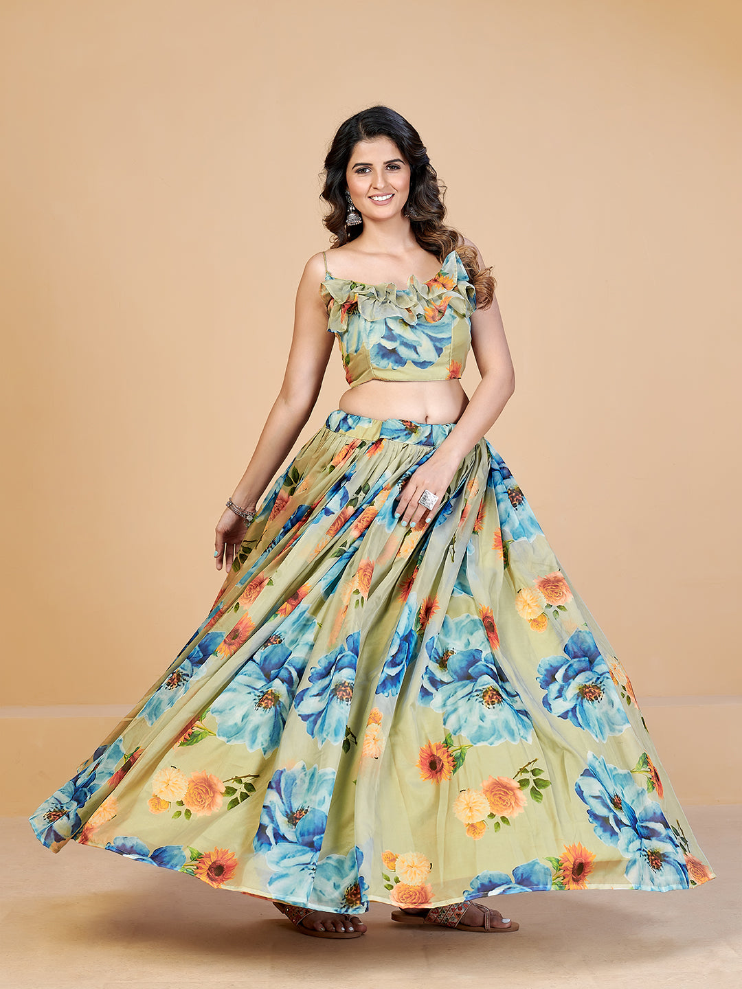 Vigorous Sea Green and Blue Printed Lehenga and Blouse With Dupatta