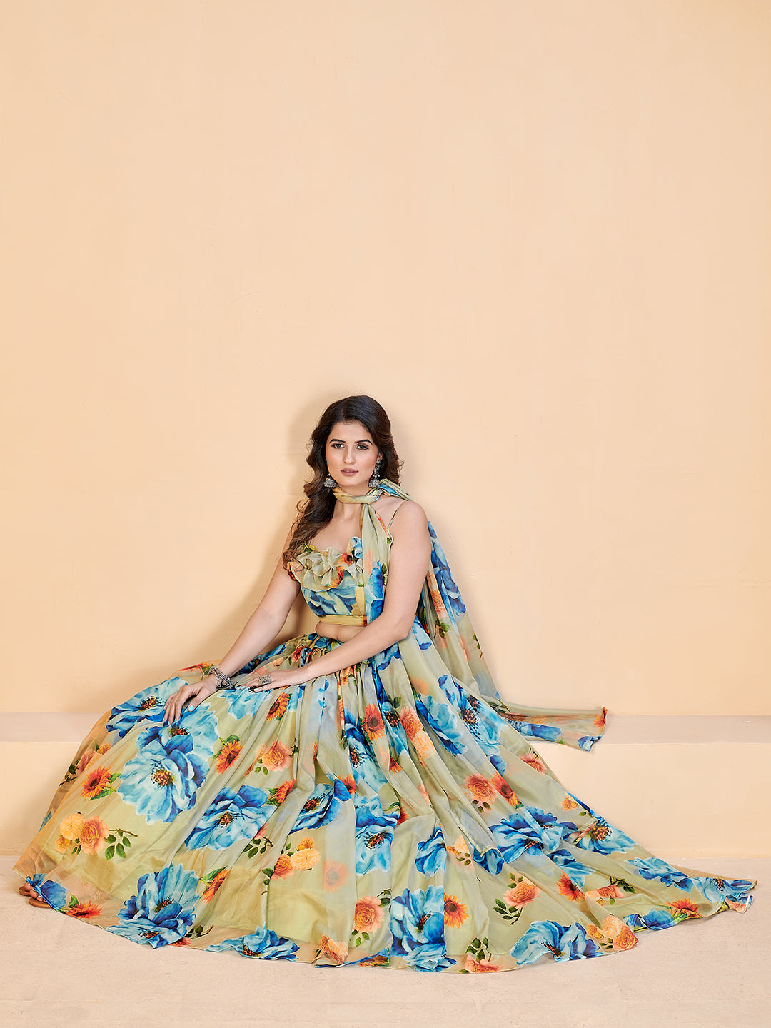 Vigorous Sea Green and Blue Printed Lehenga and Blouse With Dupatta