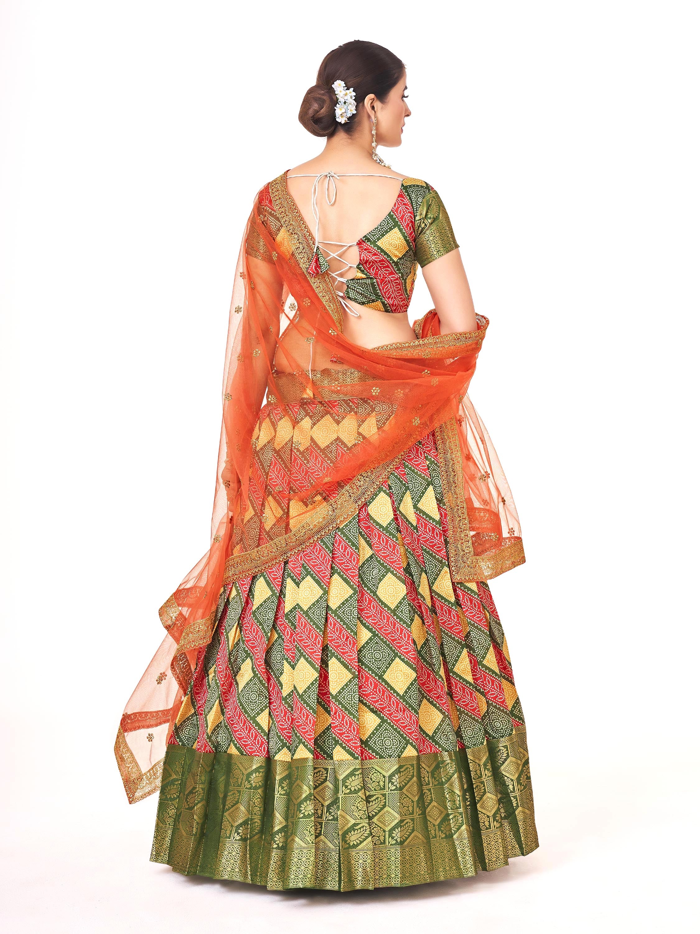 Orange Weaving Work and Floral Printed Banarasi Silk Pattu Half Saree