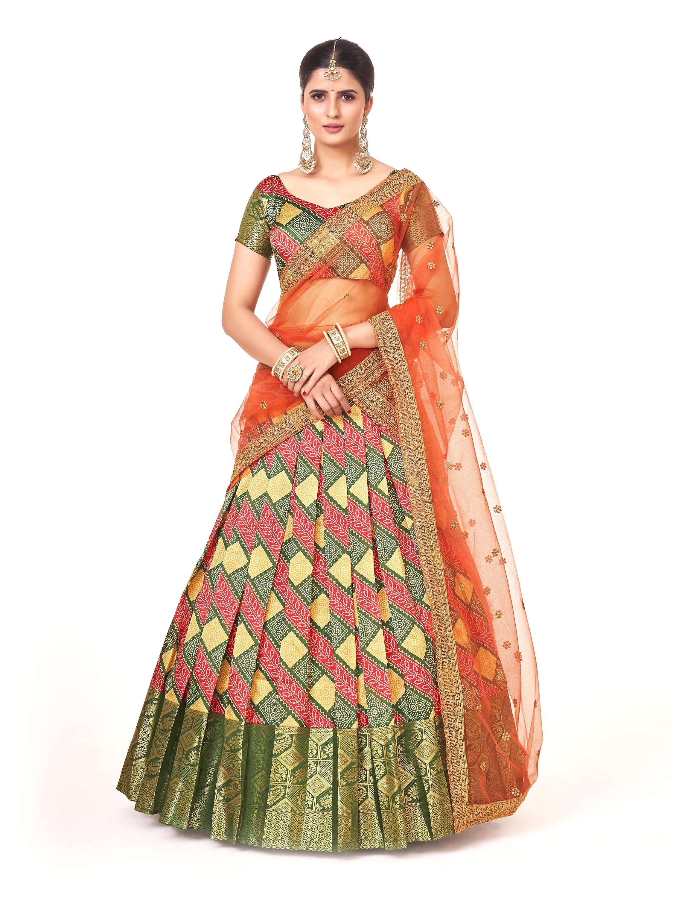 Orange Weaving Work and Floral Printed Banarasi Silk Pattu Half Saree