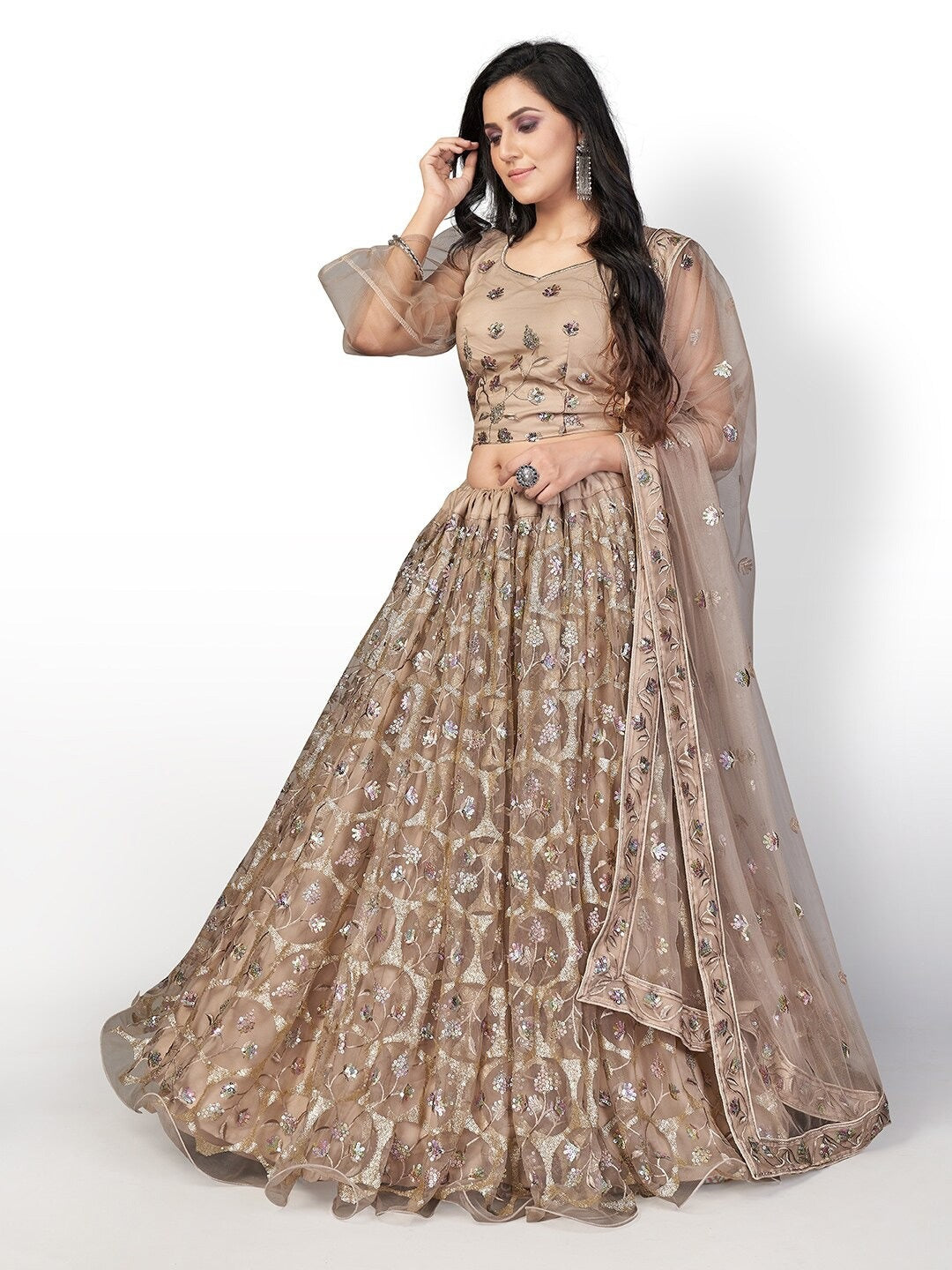 Copper-Toned & Silver-Toned Embellished Sequinned Lehenga Choli