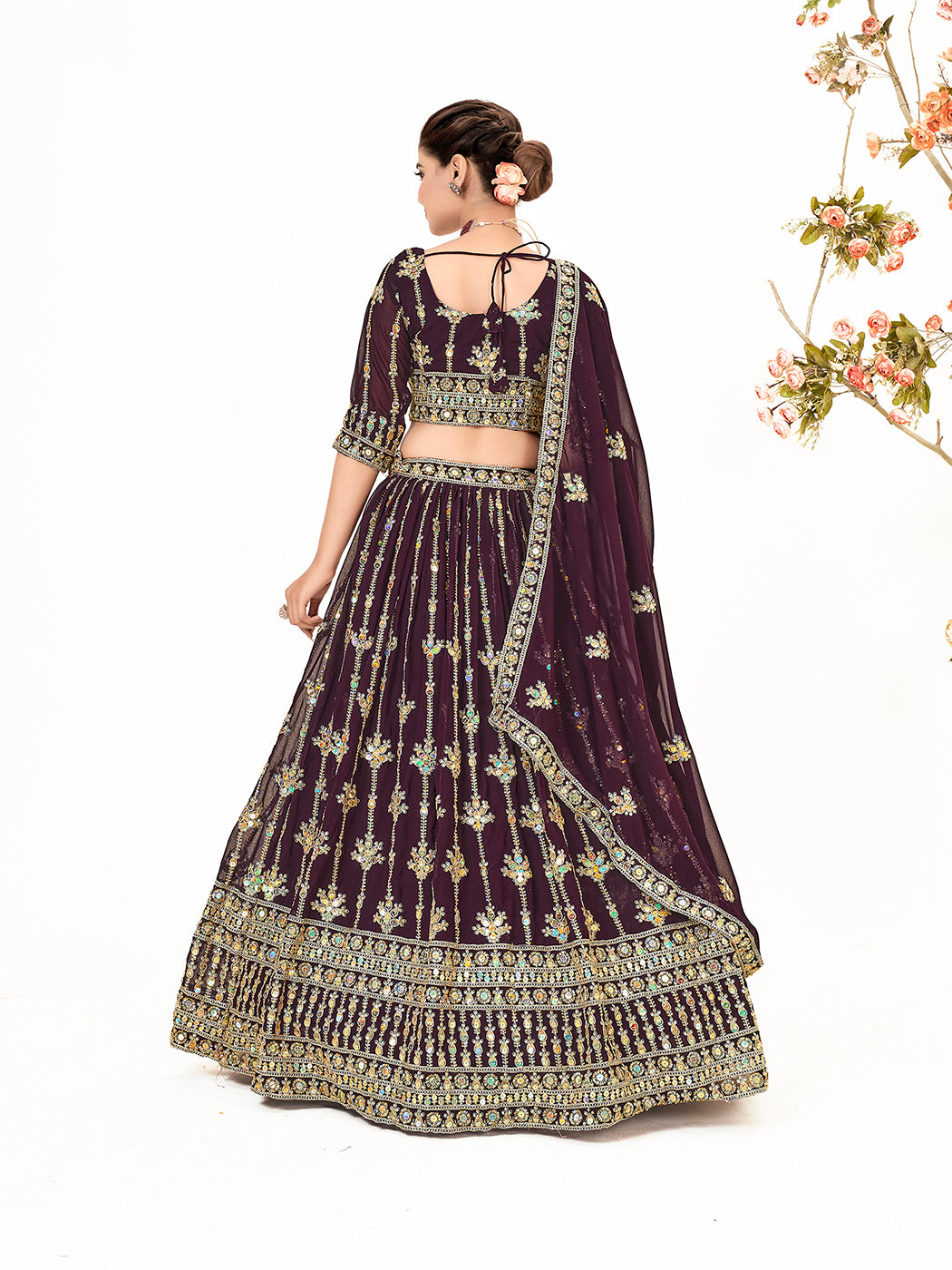 Dark Purple Georgette Embroidered Wedding Lehenga Choli