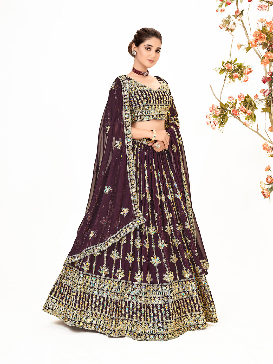 Dark Purple Georgette Embroidered Wedding Lehenga Choli