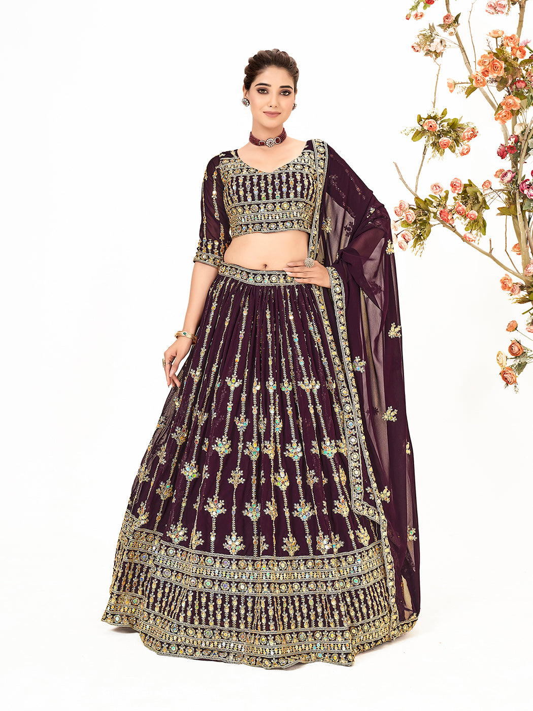 Dark Purple Georgette Embroidered Wedding Lehenga Choli