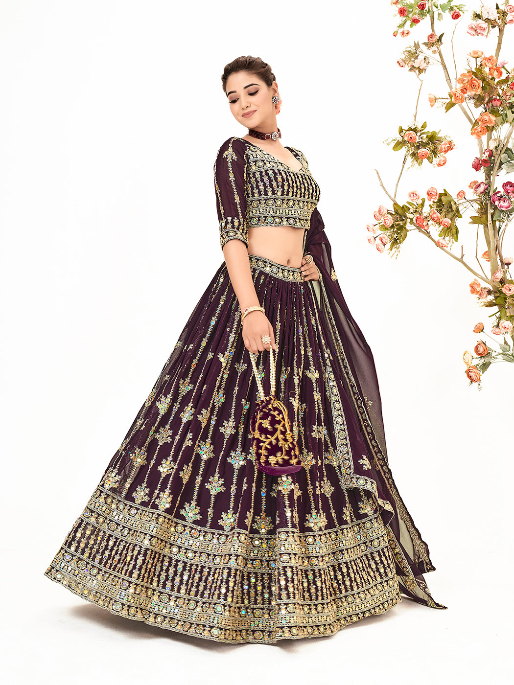 Dark Purple Georgette Embroidered Wedding Lehenga Choli