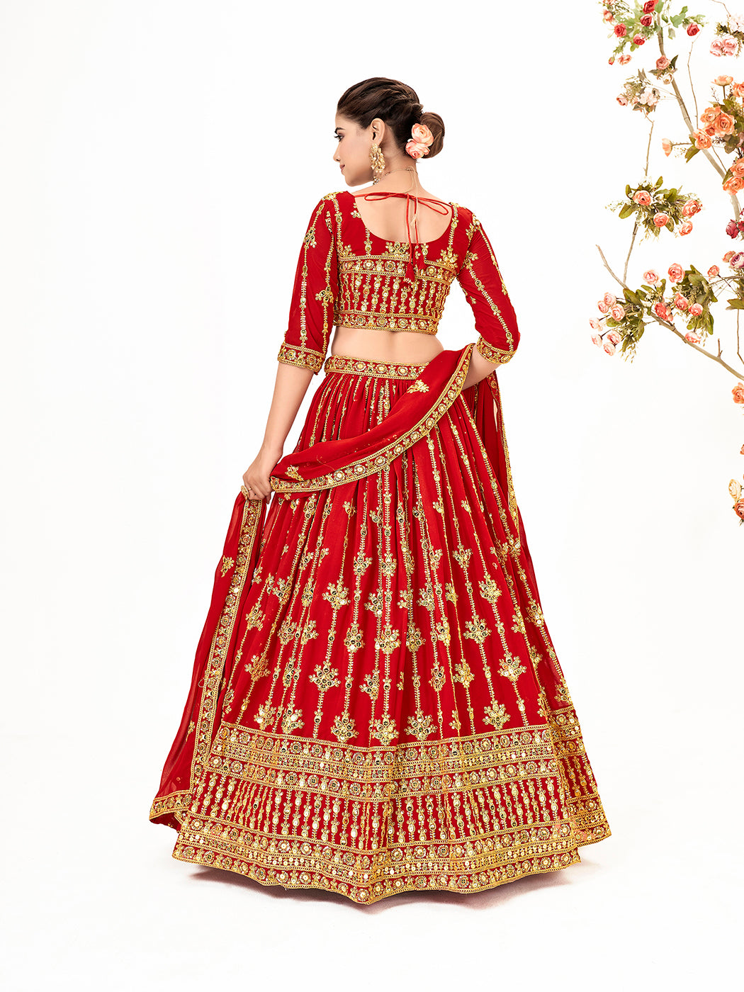 Scarlet Red Georgette Embroidered Wedding Lehenga Choli