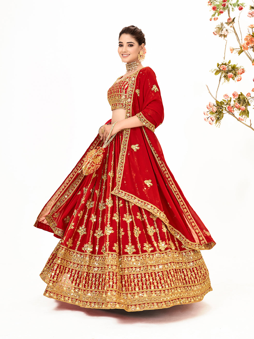 Scarlet Red Georgette Embroidered Wedding Lehenga Choli