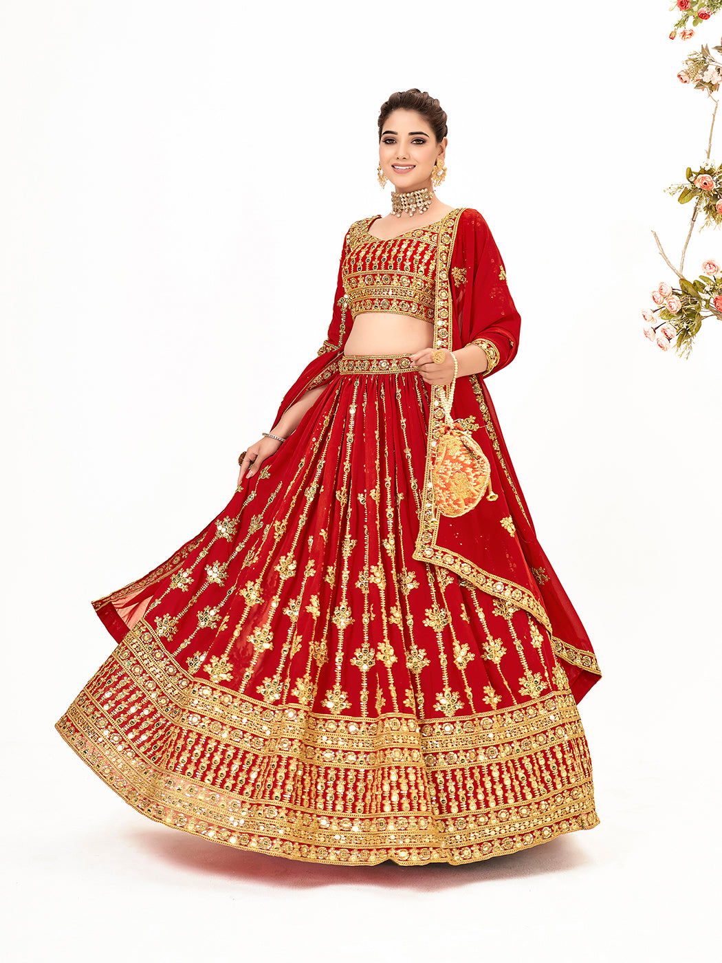 Scarlet Red Georgette Embroidered Wedding Lehenga Choli