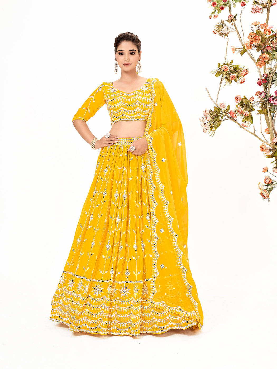 Yellow Georgette Embroidered Wedding Lehenga Choli