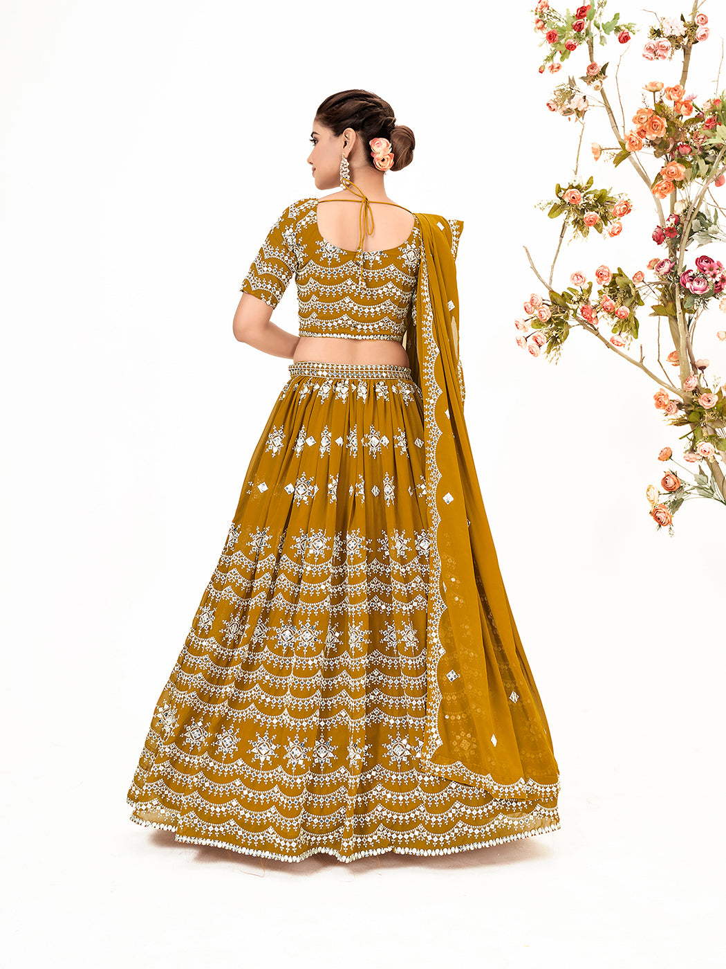 Mustard Yellow Georgette Embroidered Wedding Lehenga Choli