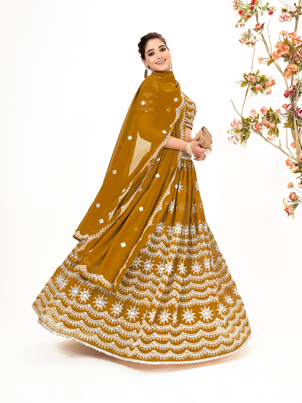 Mustard Yellow Georgette Embroidered Wedding Lehenga Choli