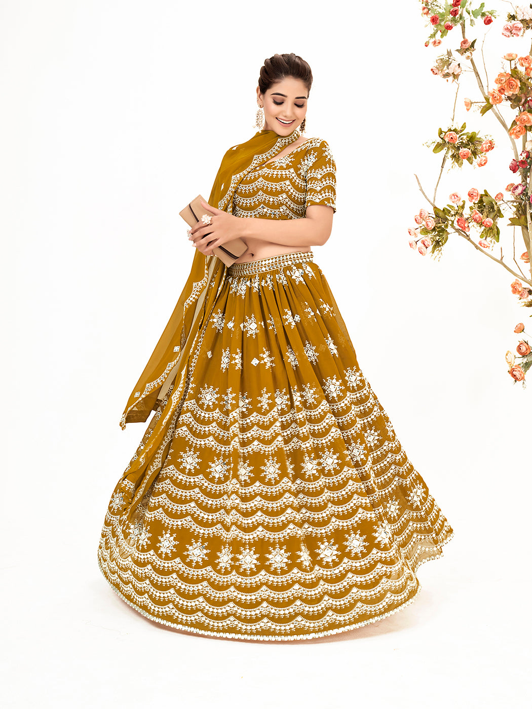 Mustard Yellow Georgette Embroidered Wedding Lehenga Choli