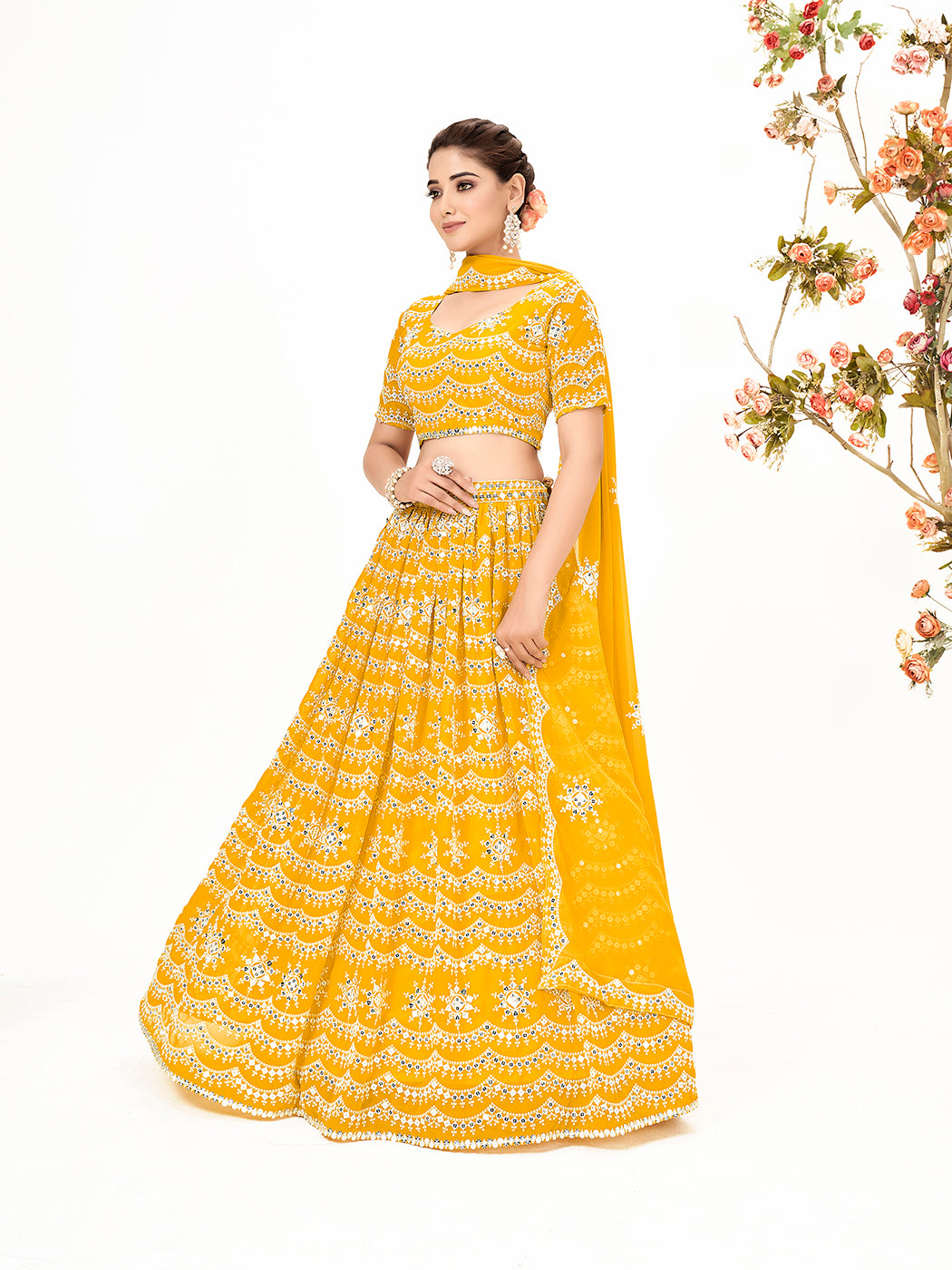 Corn Yellow Georgette Embroidered Wedding Lehenga Choli