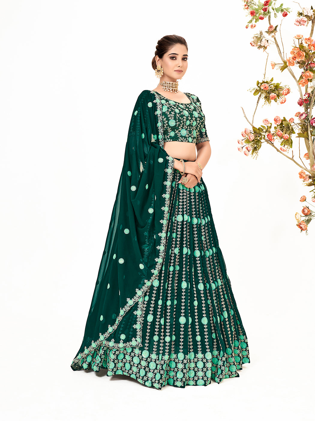 Green Georgette Embroidered Wedding Lehenga Choli