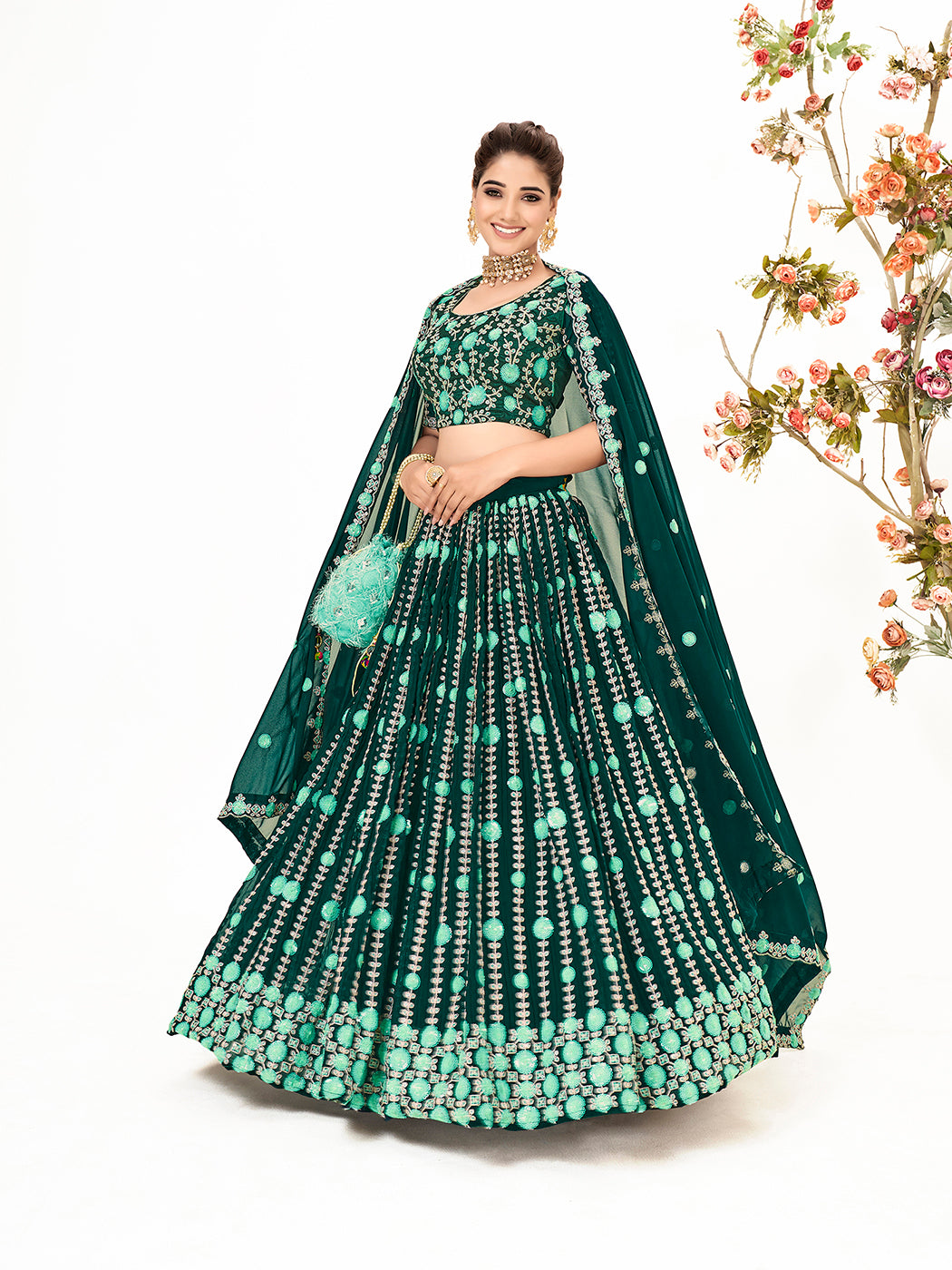 Green Georgette Embroidered Wedding Lehenga Choli