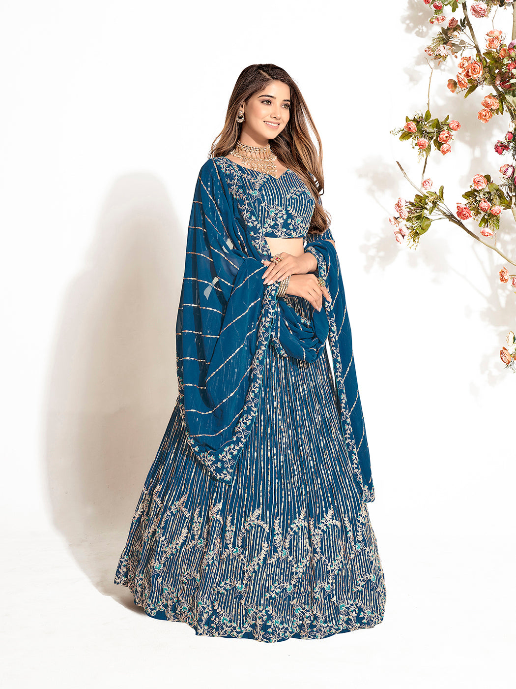 Dark Blue Georgette Embroidered Wedding Lehenga Choli