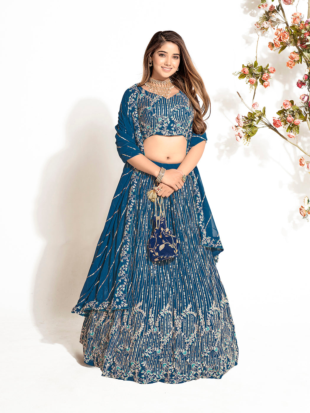 Dark Blue Georgette Embroidered Wedding Lehenga Choli