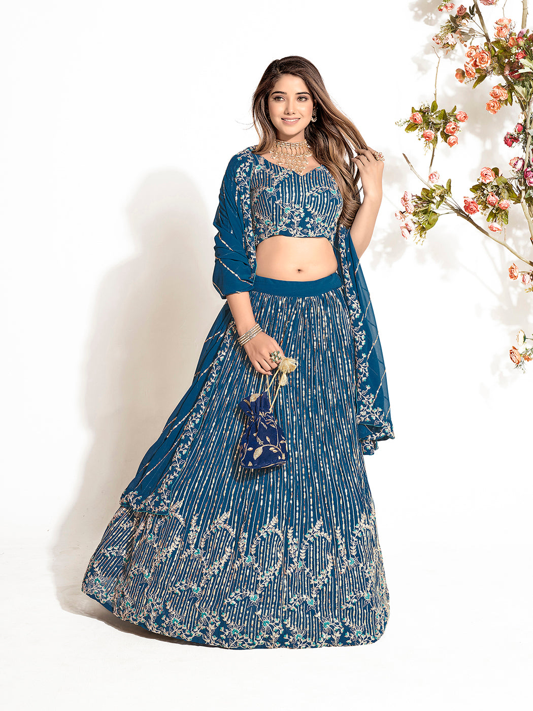 Dark Blue Georgette Embroidered Wedding Lehenga Choli