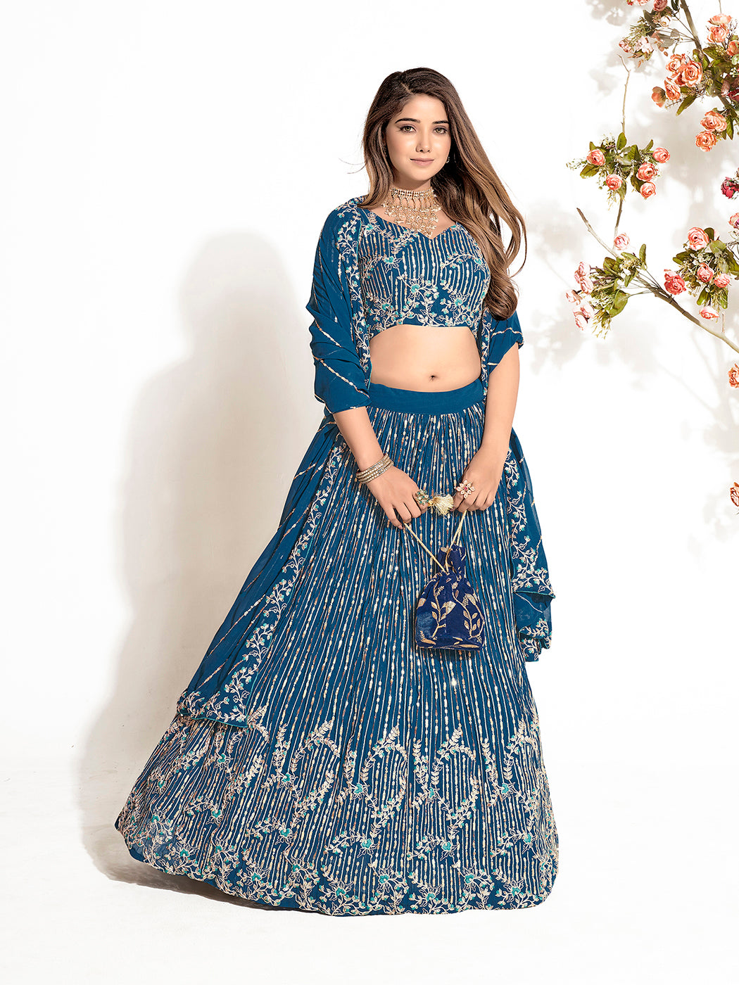 Dark Blue Georgette Embroidered Wedding Lehenga Choli