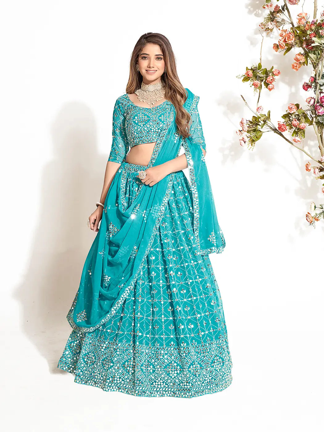 Sky Blue Georgette Embroidered Wedding Lehenga Choli