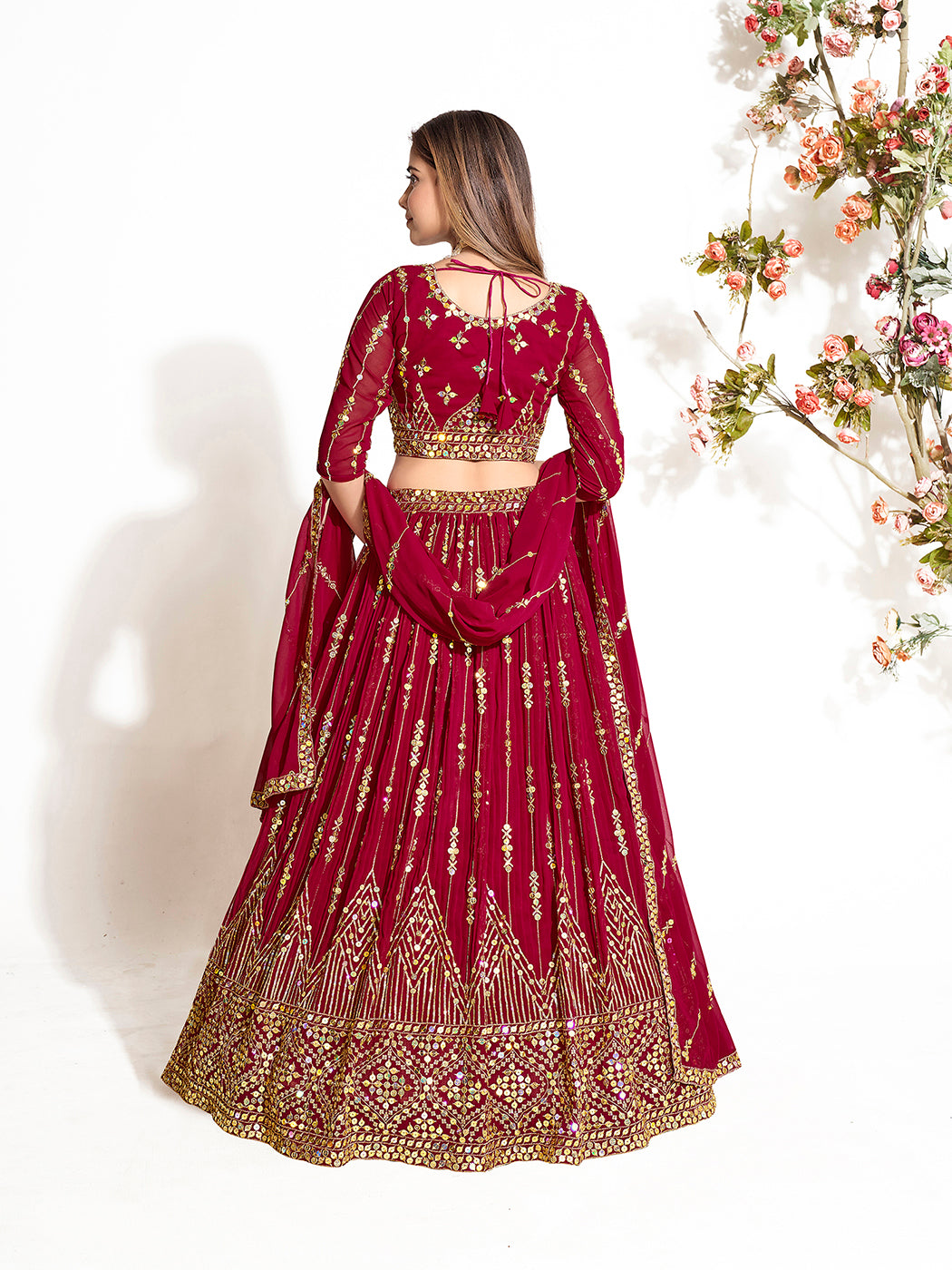 Dark Red Georgette Embroidered Wedding Lehenga Choli