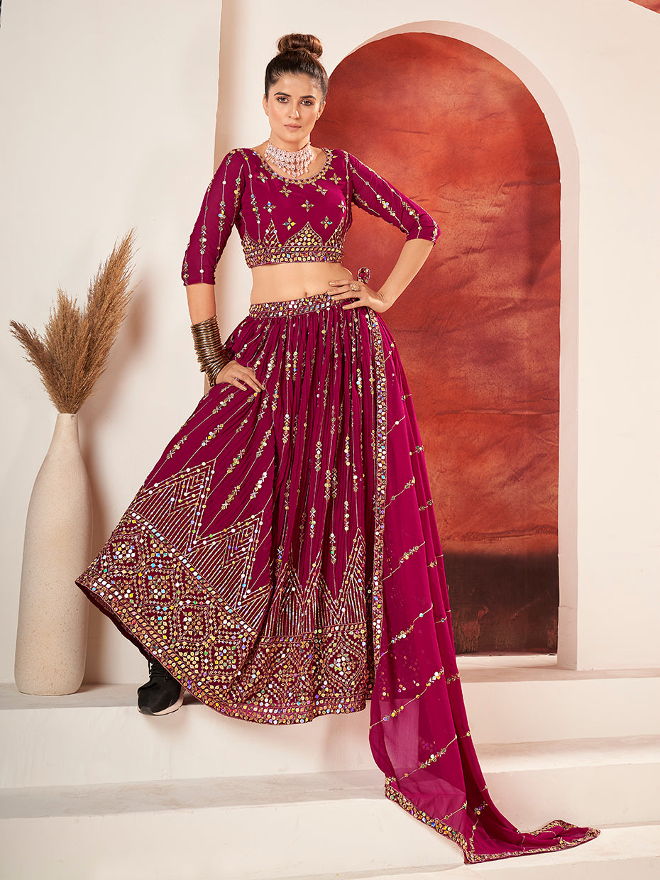 Rani Pink Gold Embroidered Wedding Silk Lehenga Choli