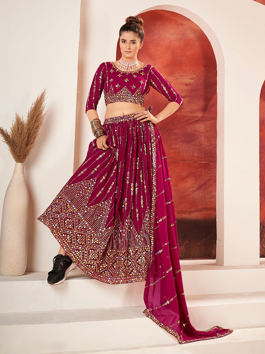 Rani Pink Gold Embroidered Wedding Silk Lehenga Choli