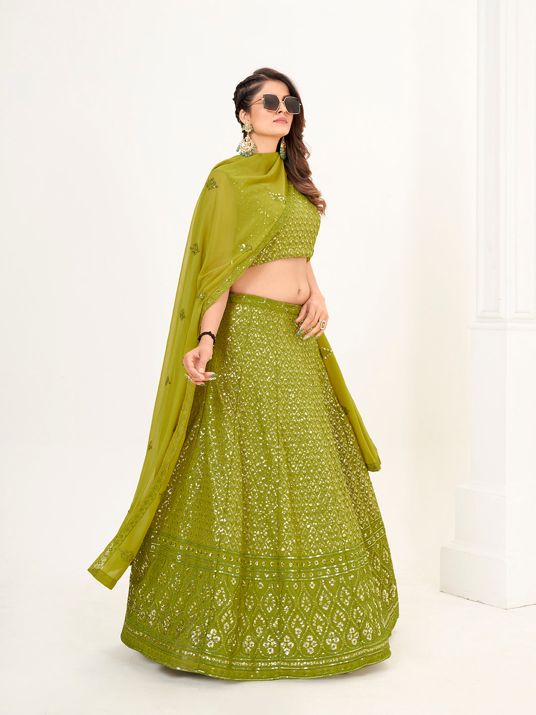 Mehendi Green Georgette Embroidered Wedding Lehenga Choli