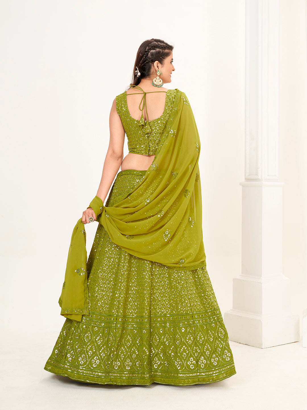 Mehendi Green Georgette Embroidered Wedding Lehenga Choli