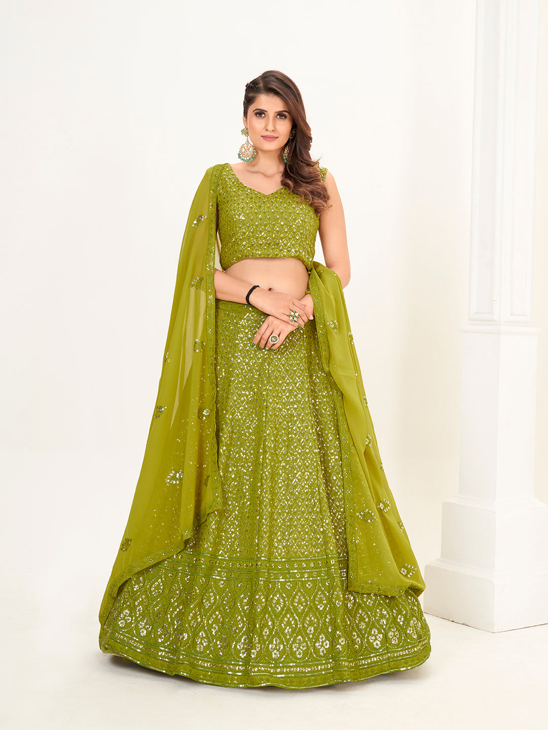 Mehendi Green Georgette Embroidered Wedding Lehenga Choli