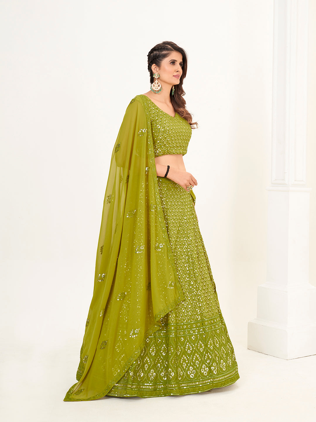 Mehendi Green Georgette Embroidered Wedding Lehenga Choli