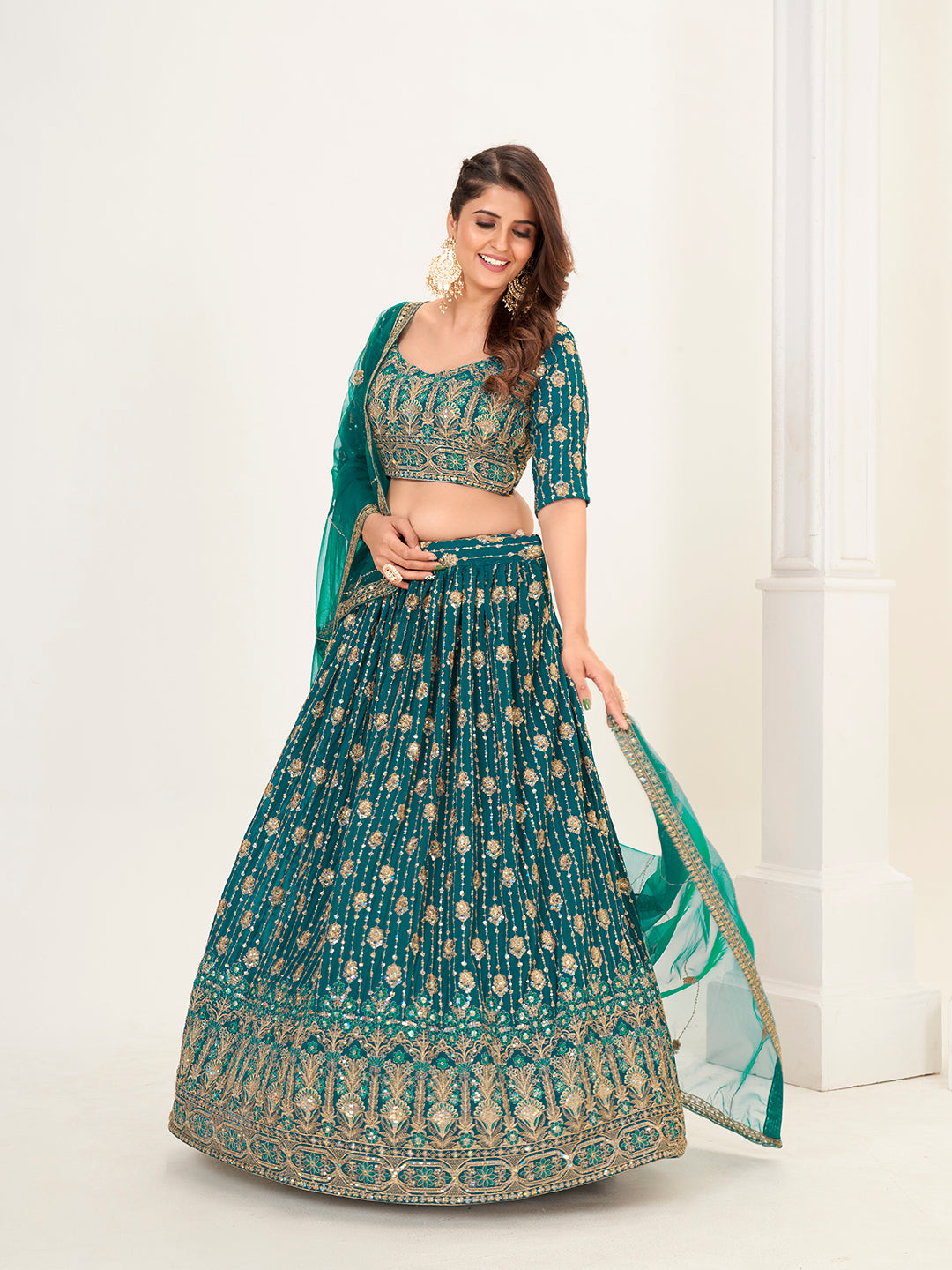 Deep Blue Georgette Embroidered Wedding Lehenga Choli