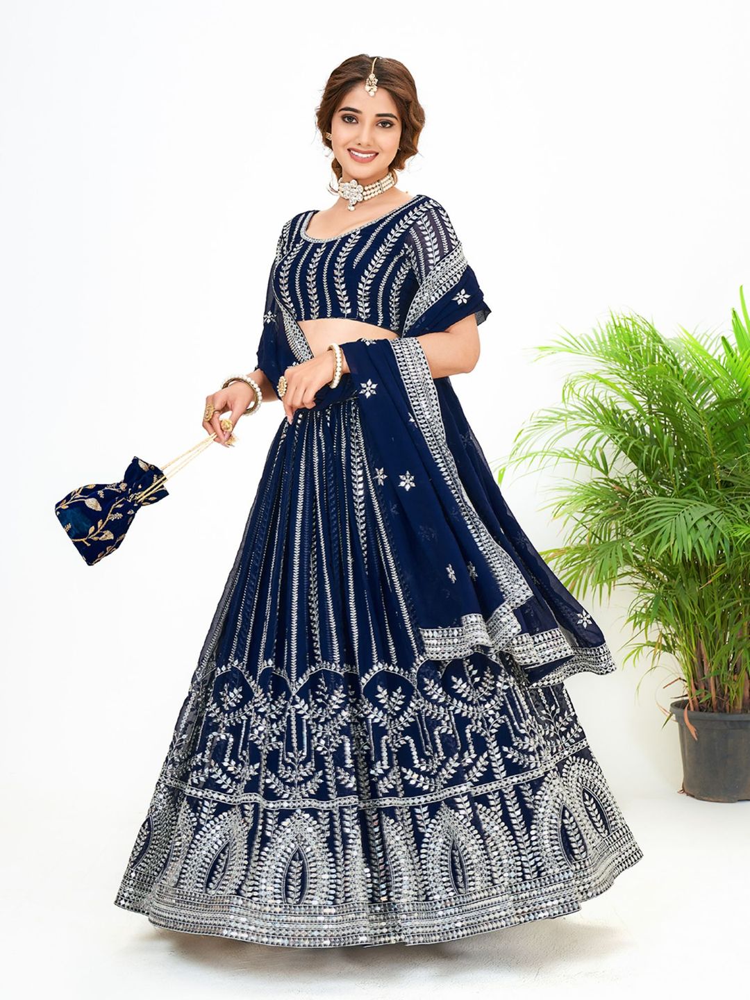 Dark Blue Georgette Embroidered Wedding Lehenga Choli