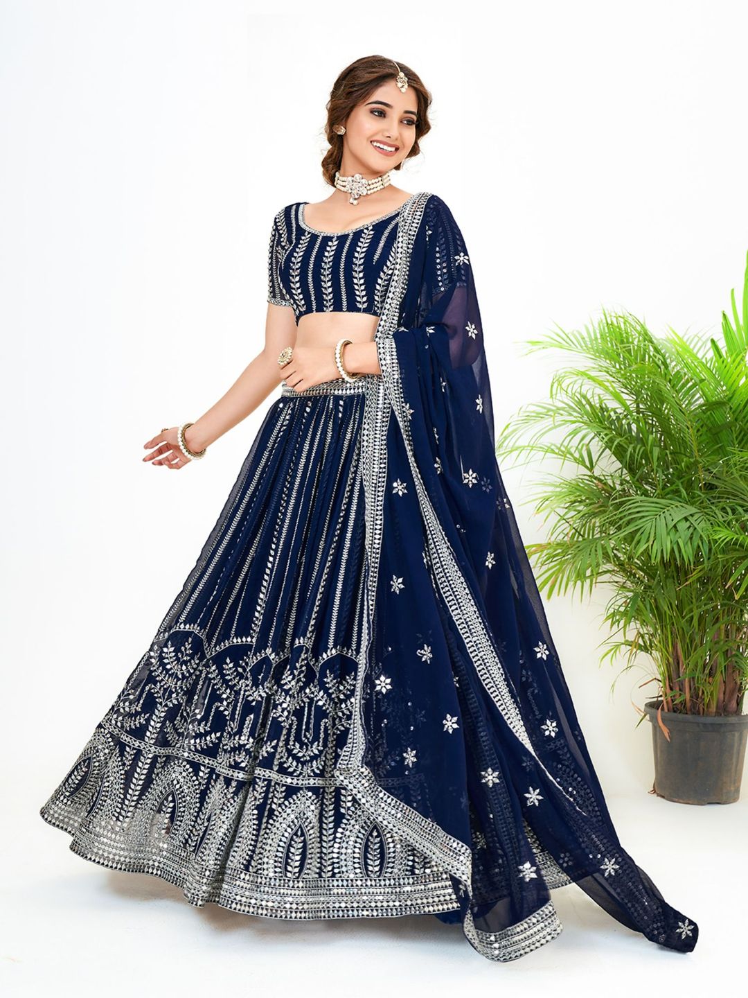 Dark Blue Georgette Embroidered Wedding Lehenga Choli