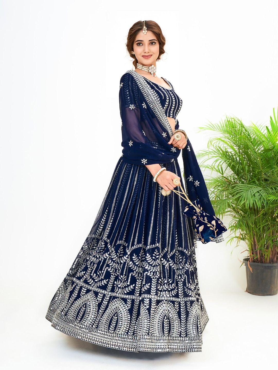 Dark Blue Georgette Embroidered Wedding Lehenga Choli