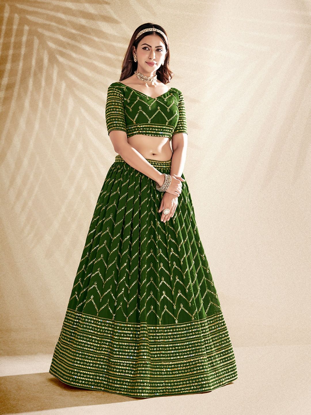 Green Georgette Embroidered Navratri Special Lehenga Choli