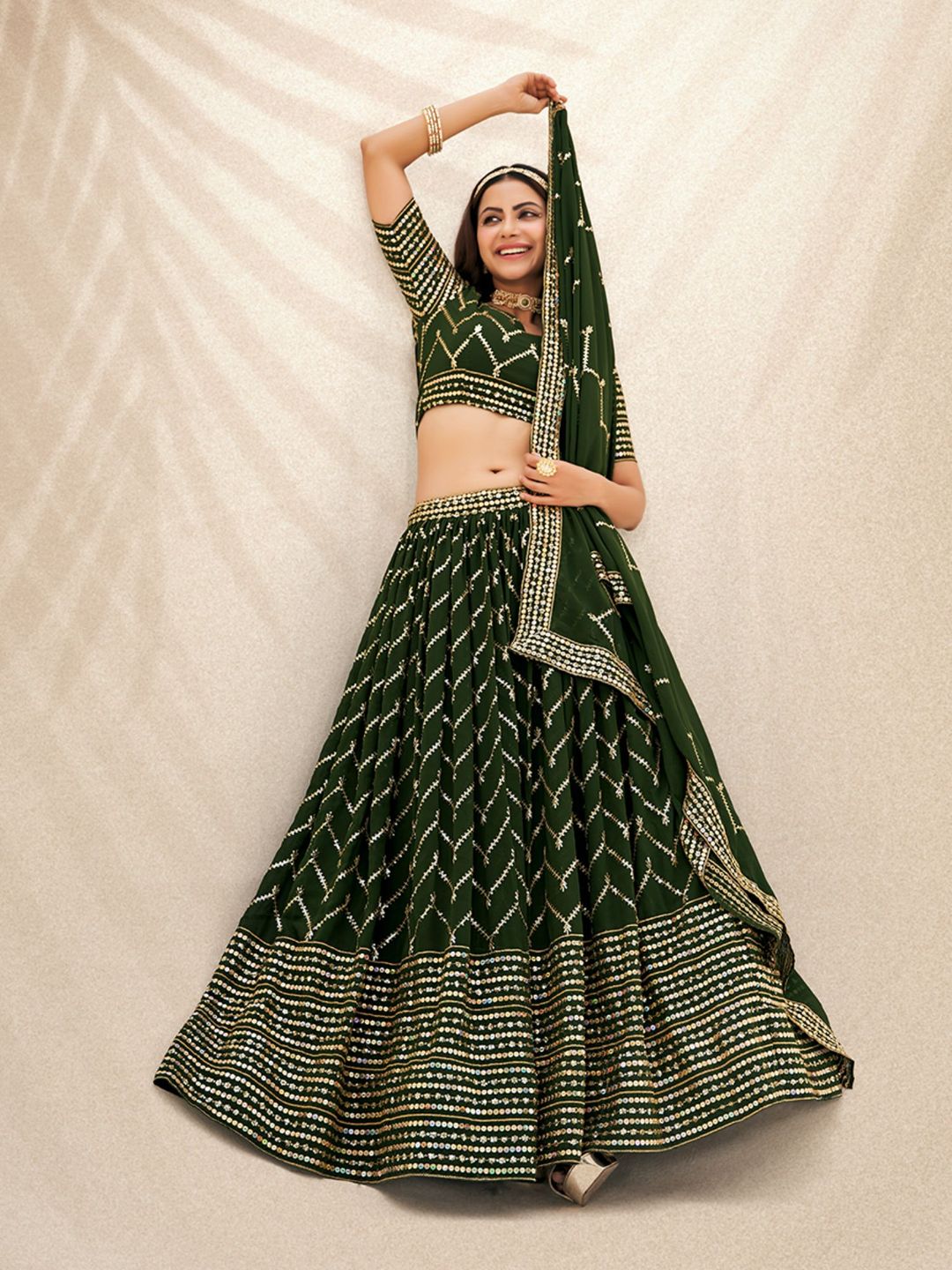 Green Georgette Embroidered Navratri Special Lehenga Choli