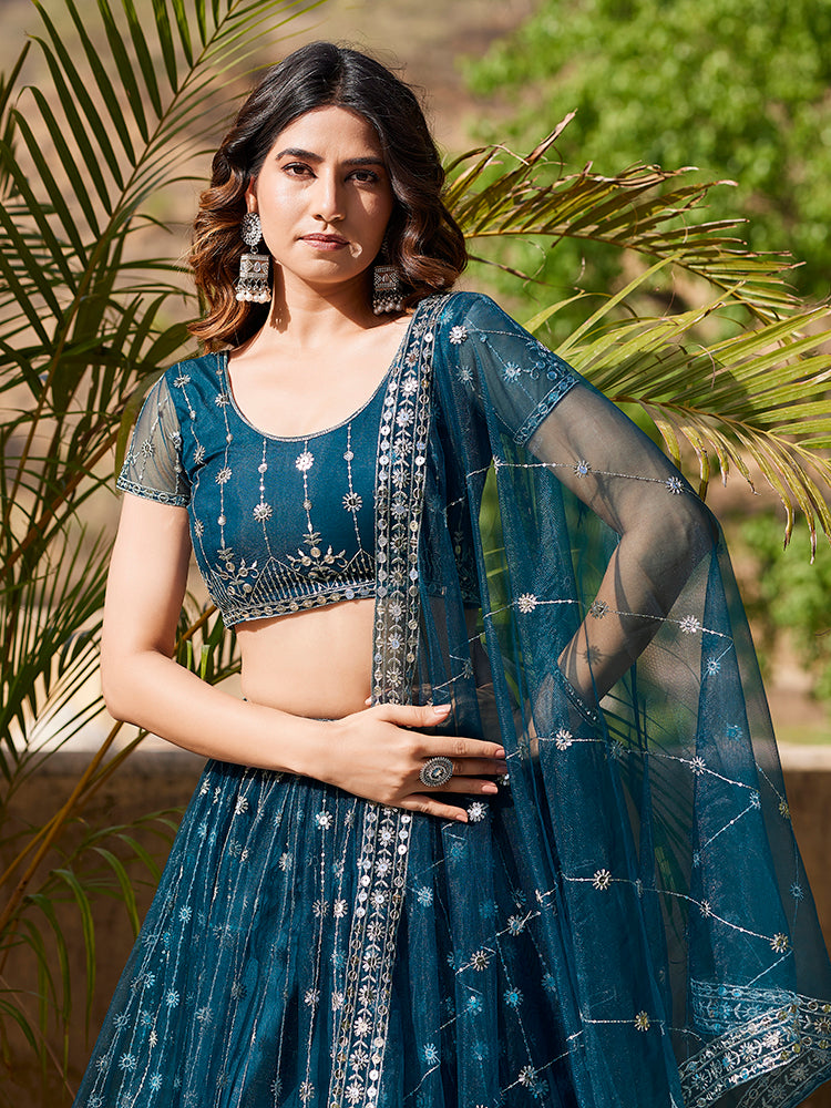 Rama Blue Soft Net Sequins Embroidered Lehenga Choli