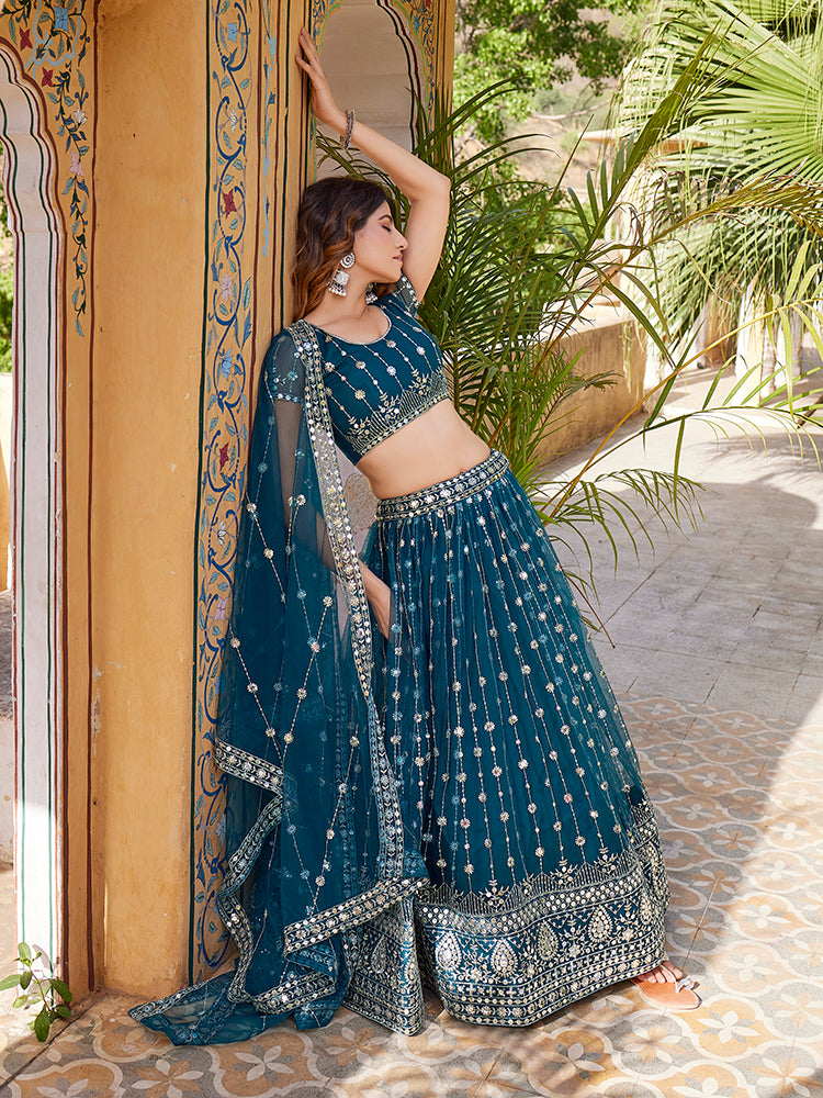 Rama Blue Soft Net Sequins Embroidered Lehenga Choli