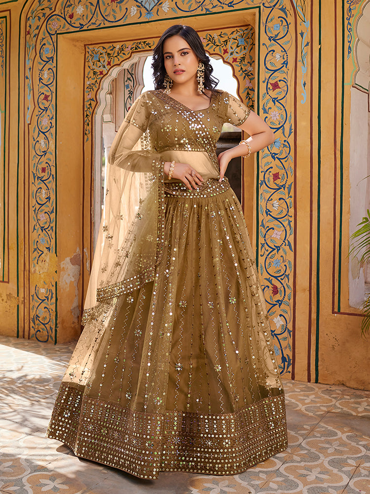 Brown Soft Net Sequins Embroidered Lehenga Choli