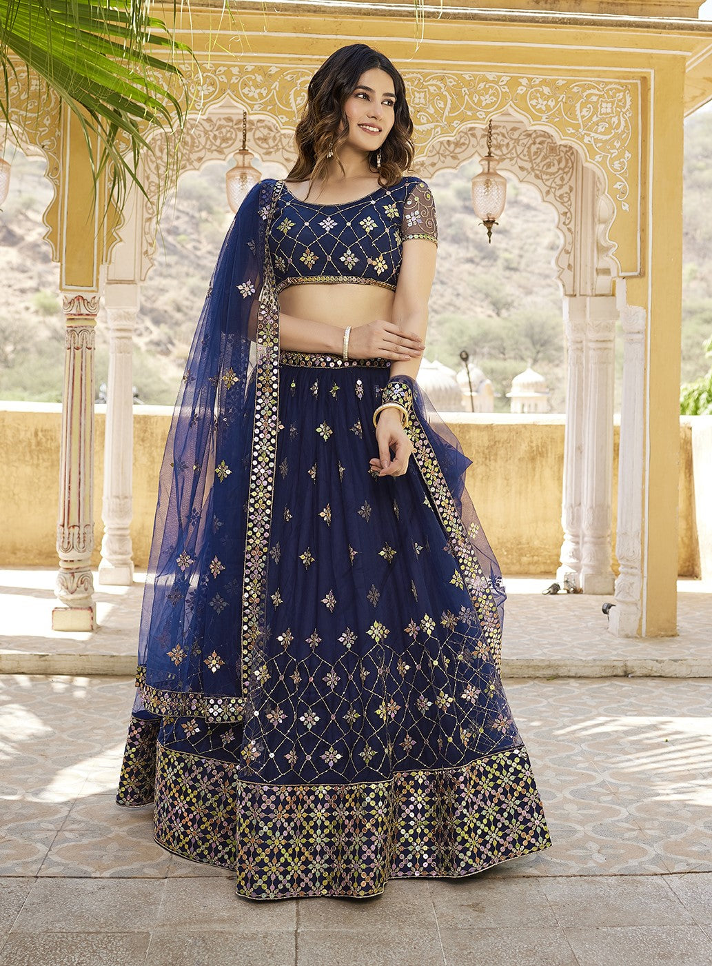 Navy Blue Sequins Embroidered Net Lehenga Choli